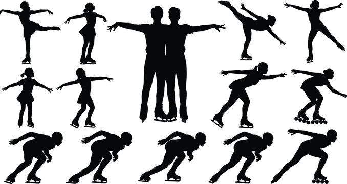 Set of thirteen black silhouettes featuring ice skaters and speed skaters in various dynamic poses for winter sports graphic design. (20 words)