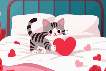 Cute gray white kitten holding big red heart on bed with heart blanket and roses in Valentine scene.