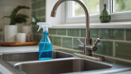 Modern Kitchen Sink Setup with Detergent Spray and Running Faucet, domestic cleaning, sanitation background