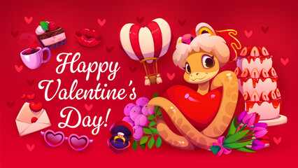 Naklejka premium Happy Valentine's day greeting card, love holiday banner. Romantic celebration vector poster, love day banner. Saint Valentine holiday greeting card with snake character, strawberry cake and flowers