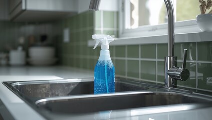 Stainless Steel Sink with Cleaning Solution Bottle in Bright Kitchen, home cleanliness, sanitation concept