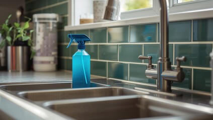Home Kitchen Cleaning Concept with Spray Bottle Near Sink, hygiene, housekeeping, daily routine
