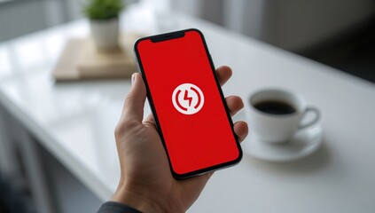 Hand Holding Smartphone with Red App Screen at Modern Workspace, mobile technology, digital application, fintech concept