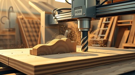 CNC machine labeled A506 cutting wood parts in a workshop with flying sawdust and tools.