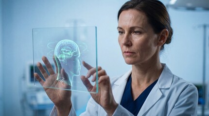 Woman doctor using futuristic transparent tablet with virtual brain model. Medical technology for neuroscience and research. Health care innovation.