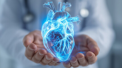 Cyfrowe hologramowe serce w dłoniach lekarza &ndash; nowoczesna technologia medyczna
