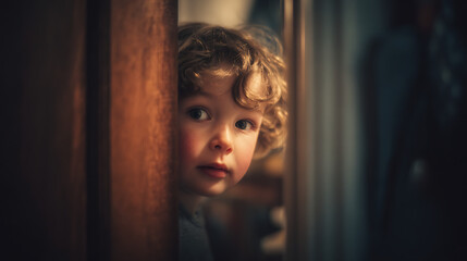 Shy Child Peeking Through Half Open Doorway At Home