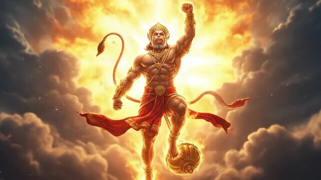 Mythical golden monkey warrior ascending through radiant clouds at sunrise.