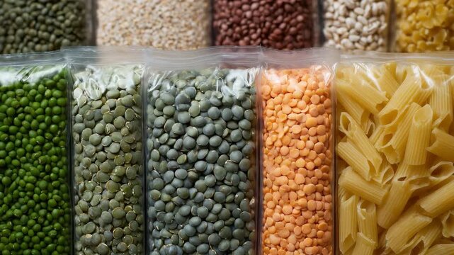 Rows of clear bags filled with split peas, lentils, soybeans, rice, and pasta, soft lighting on white background, illustrating bulk food storage and charitable food provision