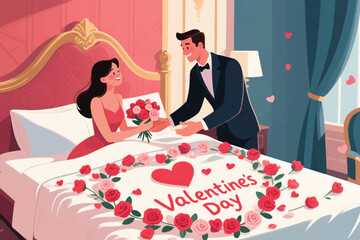 Couple celebrating Valentine&rsquo;s Day in elegant bedroom with rose petal heart and romantic decor.