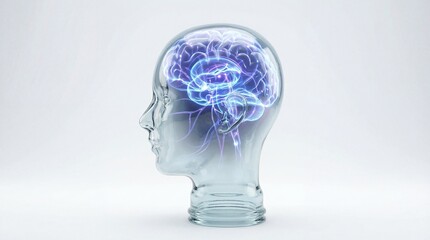 Transparent glass head with glowing brain and neural network inside. Concept of artificial intelligence, neurological science, and human intelligence.