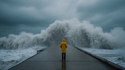 Brave Man Standing On Pier Facing A Raging Storm Ocean