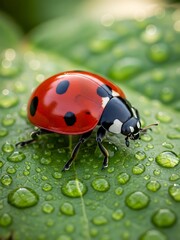 A ladybug on a green leaf with water droplets on it in nature
