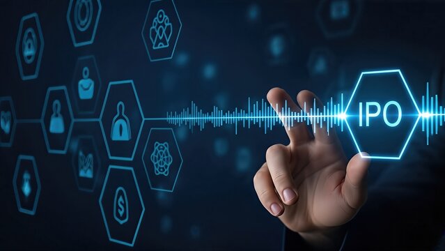 Digital hand interacting with futuristic IPO interface, showcasing stock indices, investment opportunities, and financial growth concepts in a high-tech environment - Powered by Adobe