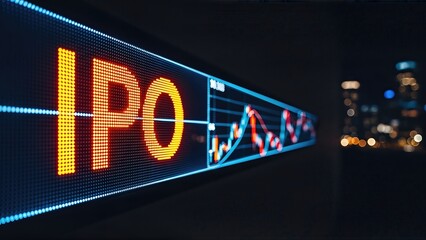 Digital display showing IPO announcement with stock market trends, illuminated in vibrant colors against a blurred city skyline, representing investment opportunities and financial growth