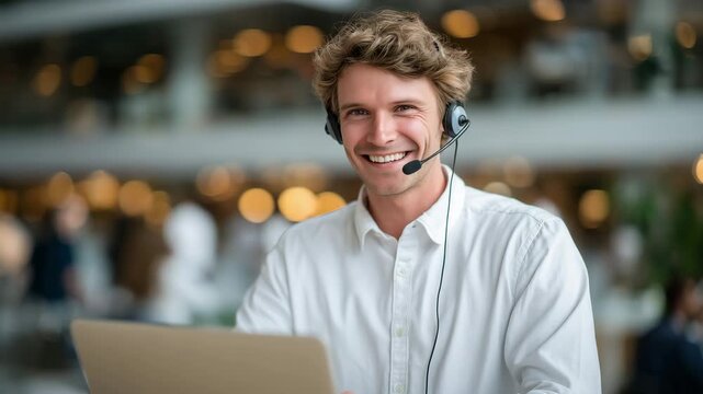 Smiling agent using headset while typing on a laptop, open-plan workspace behind them filled with colleagues, sunlit atmosphere creating warm and inviting environment