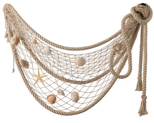Obraz premium Decorative beige fishing net with seashells and starfish hanging loosely... isolated on a transparent background