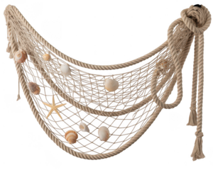 Decorative beige fishing net with seashells and starfish hanging loosely... isolated on a transparent background