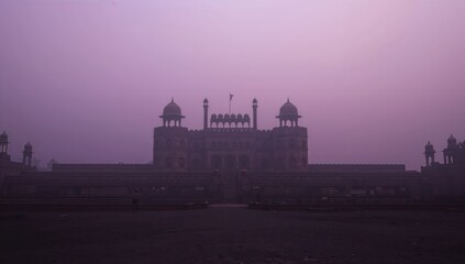 Foggy View of Red Fort with National Flag, Indian heritage architecture, calm morning mood