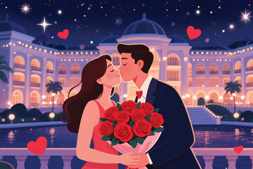 Couple embracing under starry night sky with bouquet and glowing building in romantic Valentine scene.