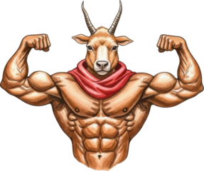Muscular goat with red scarf flexing muscles isolated on transparent background