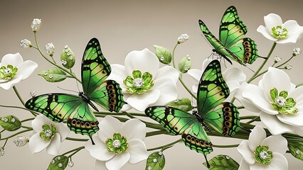 Beautiful green butterflies on white flowers with green centers and stems