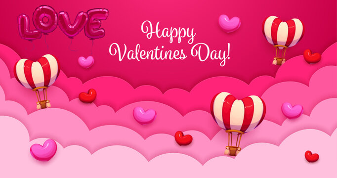 Valentine's day paper cut greeting card with clouds and air balloon. Saint Valentine celebration paper cut vector greeting card, love holiday flyer. Romantic poster with heart air balloons in clouds