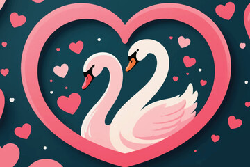 Two swans forming heart shape with necks inside pink heart frame on romantic dark blue background.