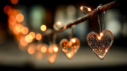 Glowing heart-shaped lights hang along a rope in a dark setting, creating a warm, romantic atmosphere with soft bokeh in the background. Copy space.