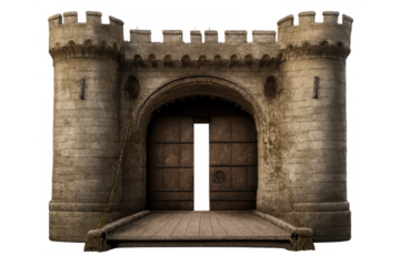 Medieval castle gate featuring a stone archway, tall towers, and a wooden drawbridge, with a transparent background