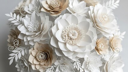 White and beige paper flowers with leaves on gray background