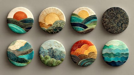 Artistic collection of round decorative elements with landscape designs