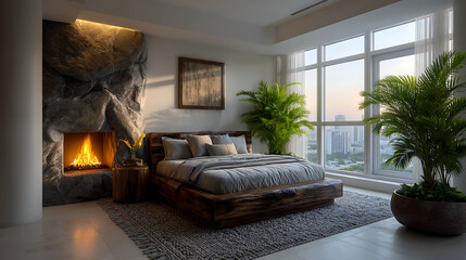 Fototapeta premium A contemporary living room interior features a luxury fireplace and elegant furniture including a plush sofa and lamp within a modern house apartment design boasting wood floors and light