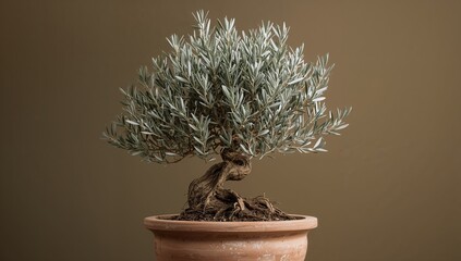 Bonsai Tree in Ceramic Pot on Rustic Background, miniature nature, zen gardening concept
