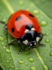 A ladybug on a green leaf with water droplets on it outside