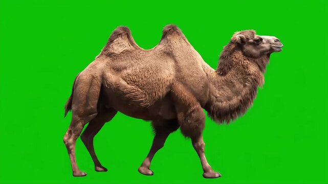A brown camel standing against a bright green background with a shallow depth of field.
