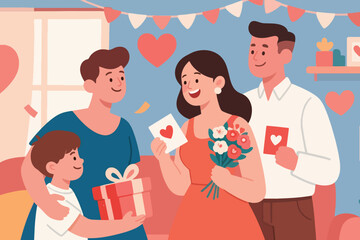 Family and friends celebrating love indoors with gifts, flowers, and heart decorations in festive scene.