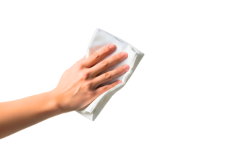 Hand holding a wet wipe isolated on transparent background