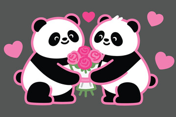 Two cartoon pandas holding pink rose bouquet surrounded by hearts on dark background in romantic scene.