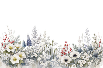 Winter watercolor wild flower border. Watercolor floral border.