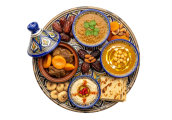 colorful Moroccan mezze platter with bread, dates, nuts, hummus, and tea set