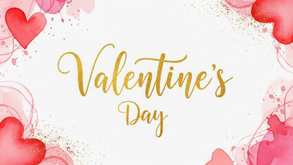 Valentine Day Celebration Card with Gold Handwritten Text and Watercolor Hearts