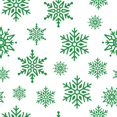 Seamless winter pattern with green snowflakes on a clean white background scene
