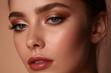 A serene beauty moment caught as metallic pigments shimmer softly within warm studio light