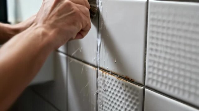 Manual grout brushing captured in medium shot featuring detailed scrubbing of grout with a small brush to maintain tile integrity and prevent mold growth.