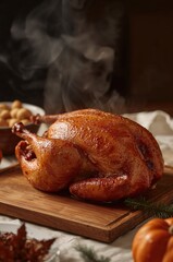 A steaming golden turkey rests warmly on a wooden table in an inviting cozy setting