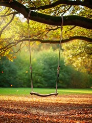 A wooden swing hanging from tree branch in autumn park with leaves