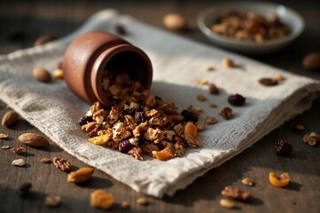 A small earthenware jar spills warm granola gently across a softly woven linen napkin