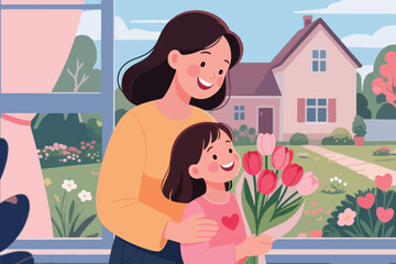 Woman hugging girl with tulip bouquet near window overlooking garden in warm family moment.