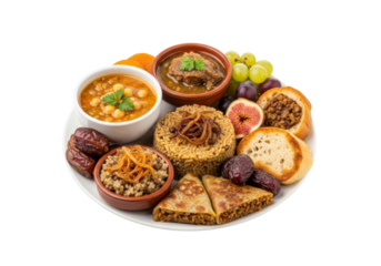 festive arabic platter with bread, dips, dates for ramadan eid mubarak